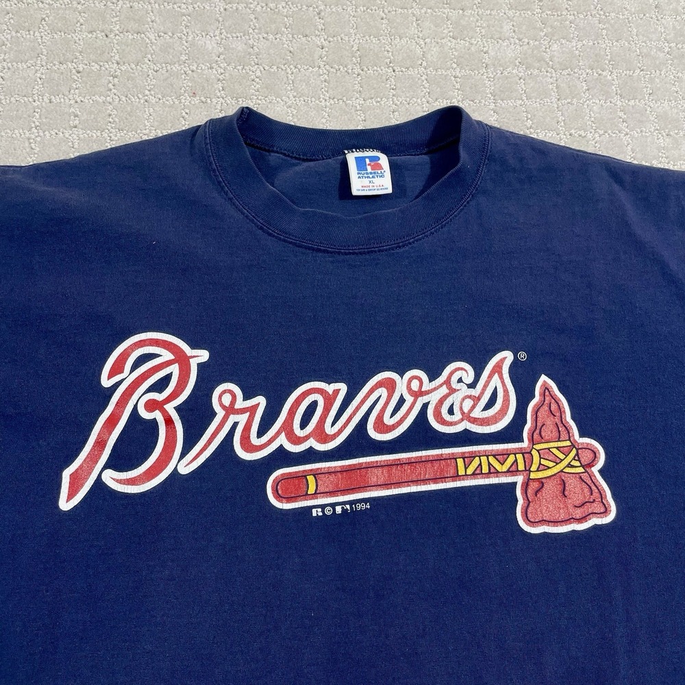 VTG 1994 Atlanta Braves MLB Baseball Sz XL Navy Russell Tomahawk Logo 90s Tshirt